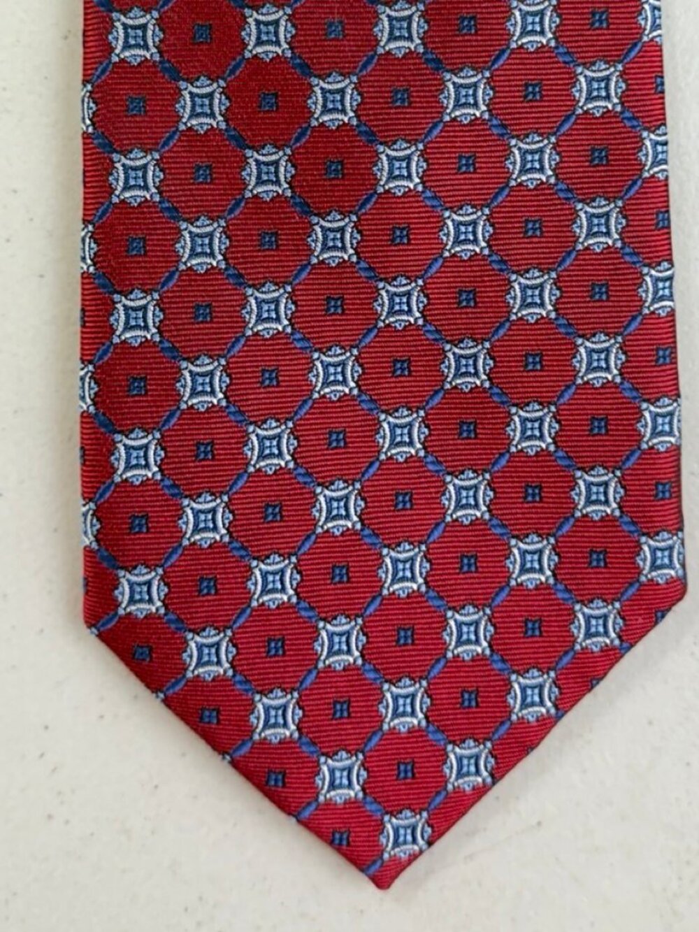 Vintage Jacquard Silk Tile Tie 90s Red/Blue Geometric Diamond Plaid Necktie